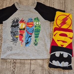 DC Comics Grey and Black Raglan Kids Superhero Tee with Attachable Capes Sz 6